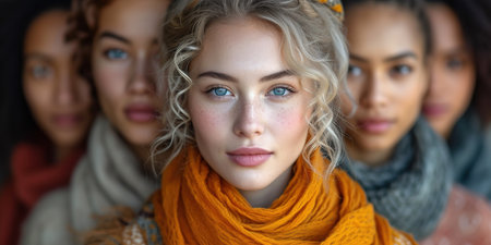 Group of strong independent women standing together in a studio. Diverse women looking at the camera while standing against a studio background. Women of different ages embracing girl power. Beautiful girls of model appearanceの素材
