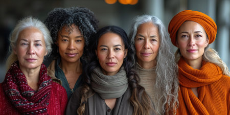 International Women's Day portrait of multi ethnic mixed age range women looking confidently towards camera, Embrace Equityの素材