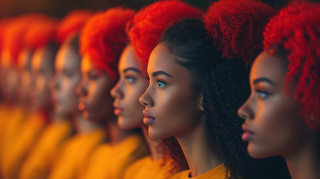 Portrait of several beautiful young black women on a bright background. The concept of International Women's Day and women's rights for equality.の素材
