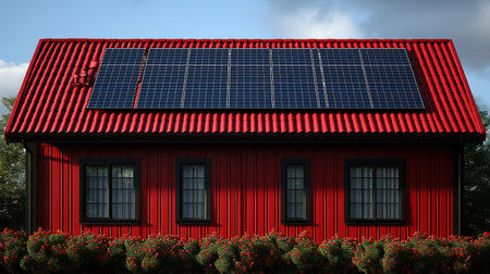 Solar panel on a red roof reflecting the sun and the cloudless blue sky.の素材