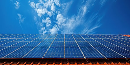 Solar panel on a red roof reflecting the sun and the cloudless blue sky.の素材