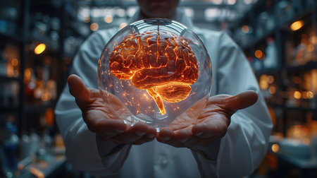 Patient brain treatment and protection concept. The doctor shows the brain protected by the shield.の素材