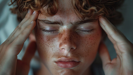 Man suffering from headache, massaging temples to get rid of pain, standing over gray studio background. Young guy having hypertension, feeling stressed or exhaustedの素材