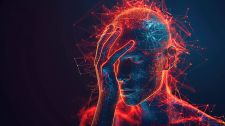 Brain diseases problem cause chronic severe headache migraine. Male adult look tired and stressed out depressed, having mental problem trouble, medical conceptの素材