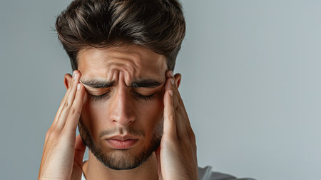 Man suffering from headache, massaging temples to get rid of pain, standing over gray studio background. Young guy having hypertension, feeling stressed or exhaustedの素材