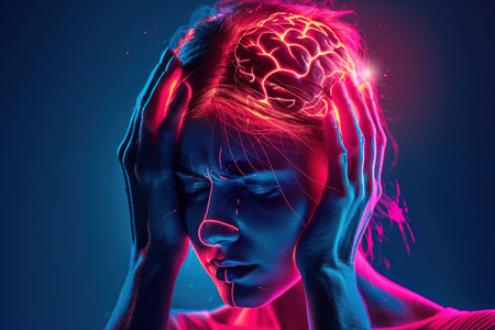 Brain diseases problem cause chronic severe headache migraine. Female adult look tired and stressed out depressed, having mental problem trouble, medical conceptの素材