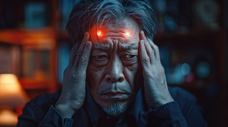 Senior man having headache and touching his head while suffering from a migraine in the living room, Mature man presses a hand to head suffers from unbearable pain.の素材