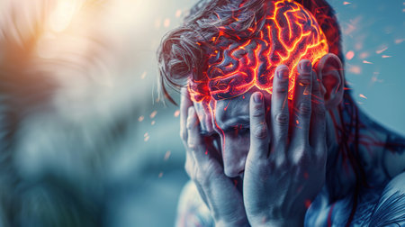 Brain diseases problem cause chronic severe headache migraine. Male adult look tired and stressed out depressed, having mental problem trouble, medical conceptの素材