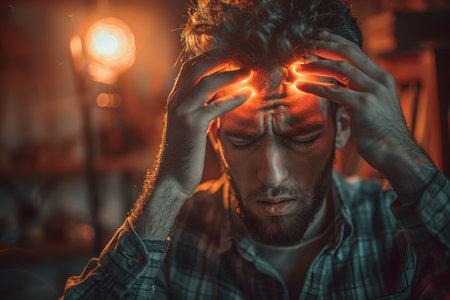 Brain diseases problem cause chronic severe headache migraine. Male adult look tired and stressed out depressed, having mental problem trouble, medical conceptの素材