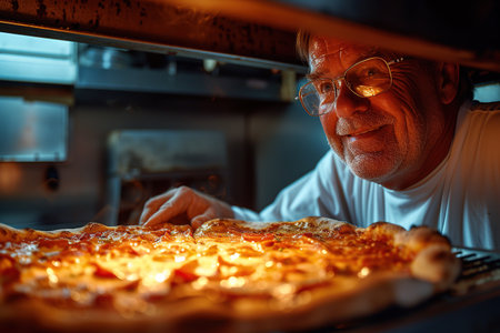 Food concept. Preparing traditional Italian pizza. Young smiling chef in white uniform and gray hat decorate ready dish in interior of modern restaurant kitchen. A happy professional chef presents freshly prepared pizza from the oven. Ready to eat.の素材