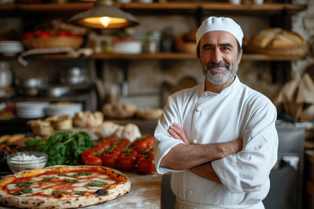 Food concept. Preparing traditional Italian pizza. Young smiling chef in white uniform and gray hat decorate ready dish in interior of modern restaurant kitchen. A happy professional chef presents freshly prepared pizza from the oven. Ready to eat.の素材