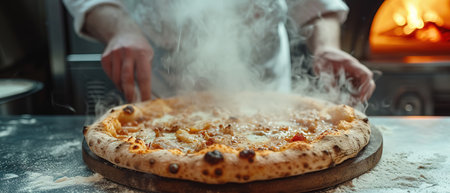 Food concept. Preparing traditional Italian pizza. Young smiling chef in white uniform and gray hat decorate ready dish in interior of modern restaurant kitchen. A happy professional chef presents freshly prepared pizza from the oven. Ready to eat.の素材
