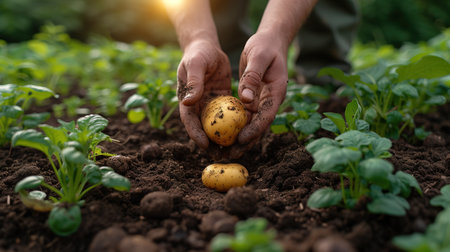 Tubers of new potatoes.Harvesting. A man digs potatoes with a shovel. Rows of vegetable beds planted with potatoes in a rural garden.の素材
