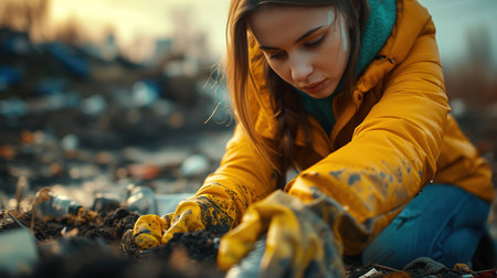 Volunteer collecting garbage from the landfill selective focus.の素材
