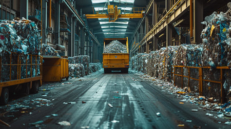 Excavator on primary sorting of garbage at waste processing plant. Separate garbage collection. Recycling and storage of waste for further disposal.の素材