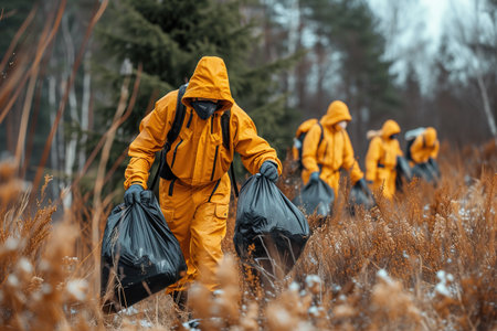 Young volunteers cleaning up the forest together, they are collecting trash and holding garbage bagsの素材