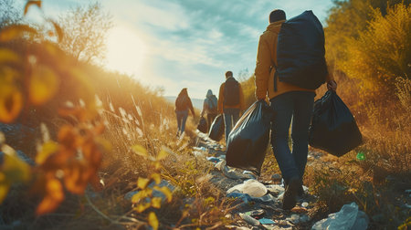 Young volunteers cleaning up the forest together, they are collecting trash and holding garbage bagsの素材