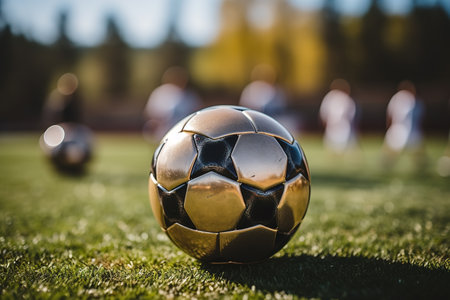 After game. Closeup soccer ball on grass of football field at crowded stadium with spotlights at evening time. Concept of sport, art, energy, power. Poster for ad, designの素材