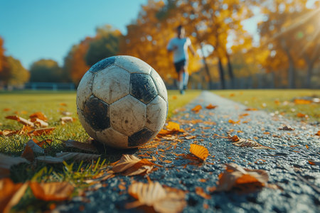 After game. Closeup soccer ball on grass of football field at crowded stadium with spotlights at evening time. Concept of sport, art, energy, power. Poster for ad, designの素材