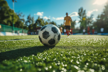 After game. Closeup soccer ball on grass of football field at crowded stadium with spotlights at evening time. Concept of sport, art, energy, power. Poster for ad, designの素材