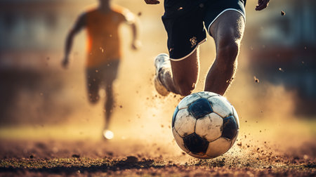 Close-up of a Leg in a Boot Kicking Football Ball. Professional Soccer Player Hits Ball with Fierce Power and Scores Goal, Grass Flying. Beautiful Cinematic Low Angle Ground Artistic Shotの素材