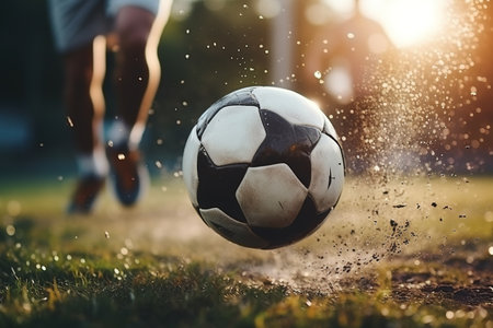 Close-up of a Leg in a Boot Kicking Football Ball. Professional Soccer Player Hits Ball with Fierce Power and Scores Goal, Grass Flying. Beautiful Cinematic Low Angle Ground Artistic Shotの素材