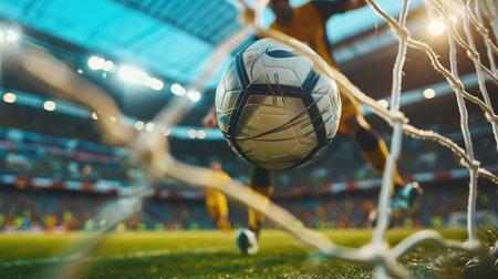 Soccer ball on goal with net and green background, this photo can use for football, sport, goal, score, shoot and target of business concept.の素材