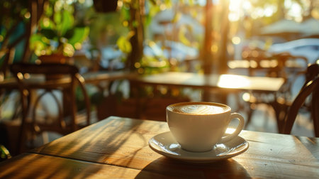 Hot Coffee cup and coffee beans coating on the wooden table and the coffee shop background with copy spaceの素材