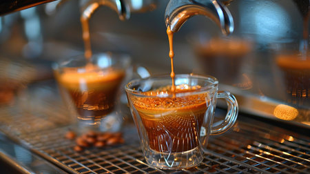 Close-up of espresso pouring from coffee machine. Professional coffee brewing.の素材