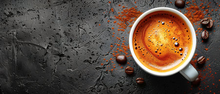 Coffee cup and beans on old kitchen table. Top view with copyspace for your text.の素材