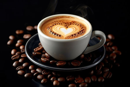 Hot Coffee cup and coffee beans coating on the wooden table and the coffee shop background with copy spaceの素材