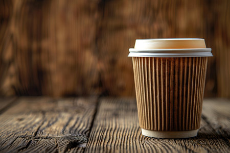 Paper cup of coffee with smoke and coffee beans on old wooden background. With copy space.の素材