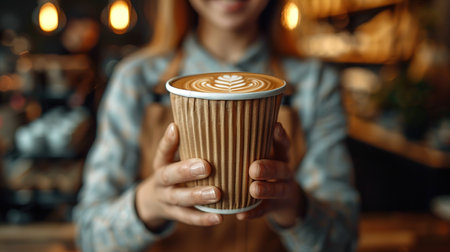 Young girl bartender barista holds out his hand with a paper cup of takeaway coffee. Text space.の素材