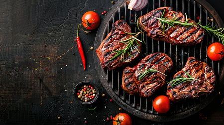 grilling steaks on flaming grill and shot with selective focus. Dark background.の素材