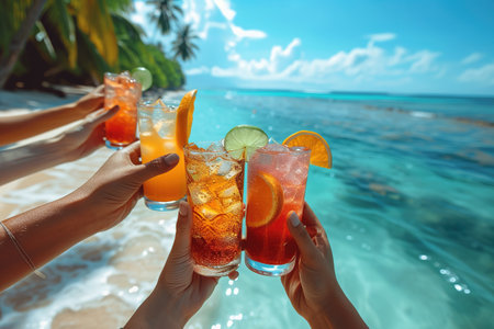 Friends drink cocktails by sea side on summer vacation and have fun together. People, love, summer, vacation and lifestyle concept.の素材