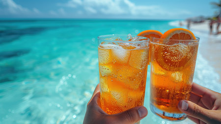 Friends drink cocktails by sea side on summer vacation and have fun together. People, love, summer, vacation and lifestyle concept.の素材