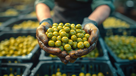 Farmer hands holding a handful of fresh harvested olives. Selective focus on the olives.の素材