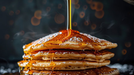 Close-up delicious pancakes, with fresh blueberries, strawberries and maple syrup on a light background. With copy space. Sweet maple syrup flows from a stack of pancakeの素材
