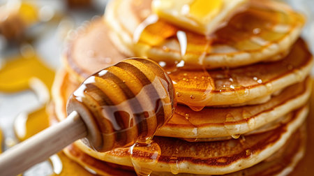 Close-up delicious pancakes, with fresh blueberries, strawberries and maple syrup on a light background. With copy space. Sweet maple syrup flows from a stack of pancakeの素材