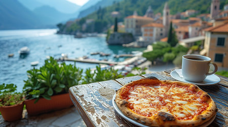 Fresh delicious pizza on the table in a restaurant on the streets of Italy.の素材