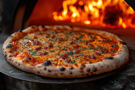 Pizza concept. Preparing traditional Italian pizza. Long shovel for pizza, baking dough in a professional oven with open fire in interior of modern restaurant kitchenの素材