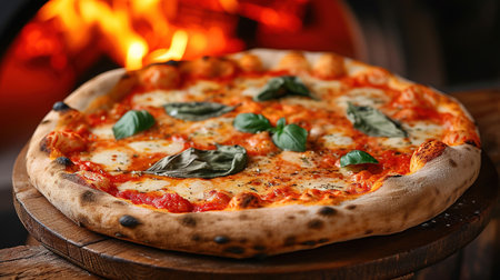 Pizza concept. Preparing traditional Italian pizza. Long shovel for pizza, baking dough in a professional oven with open fire in interior of modern restaurant kitchenの素材