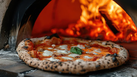 Pizza concept. Preparing traditional Italian pizza. Long shovel for pizza, baking dough in a professional oven with open fire in interior of modern restaurant kitchenの素材