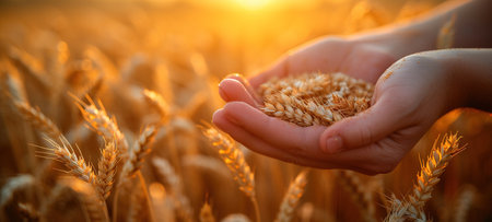 A man holds golden ears of wheat against the background of a ripening field. Farmer's hands close-up. The concept of planting and harvesting a rich harvest. Rural landscape at sunset.の素材