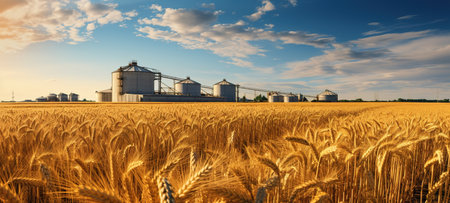 grain elevator in front of wheatfield. flour or oil mill plant silos containers. Silos near golden farmland. Agriculture theme, a harvesting season.の素材