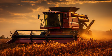 Combine harvester dumps harvested wheat into truck. Farm scene. farming harvest season at sunset.の素材
