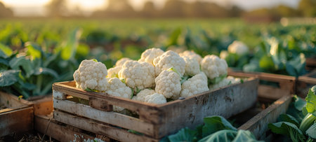 Cauliflowers in wooden boxes against the background of a field with cauliflower, new harvest, organic vegetablesの素材