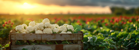Cauliflowers in wooden boxes against the background of a field with cauliflower, new harvest, organic vegetablesの素材