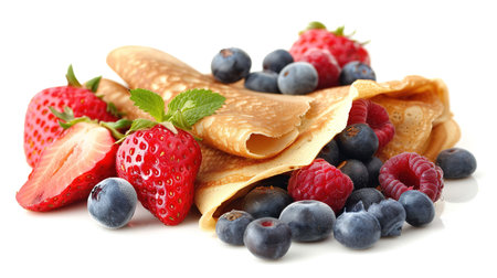 Crepes with jam, berries and sugar powder. Homemade pancakes, delicious breakfast on a light concrete background.の素材