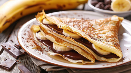Crepes stuffed with chocolate spread and banana on white plate. Thin pancakes, blini. Sweet dessert.の素材
